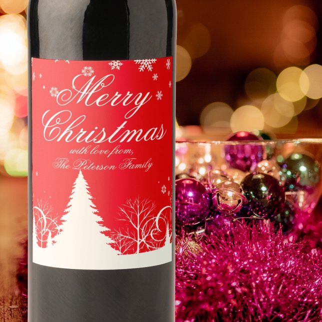 Red Winter Forest Silhouette Merry Christmas Wine Label (Creator Uploaded)