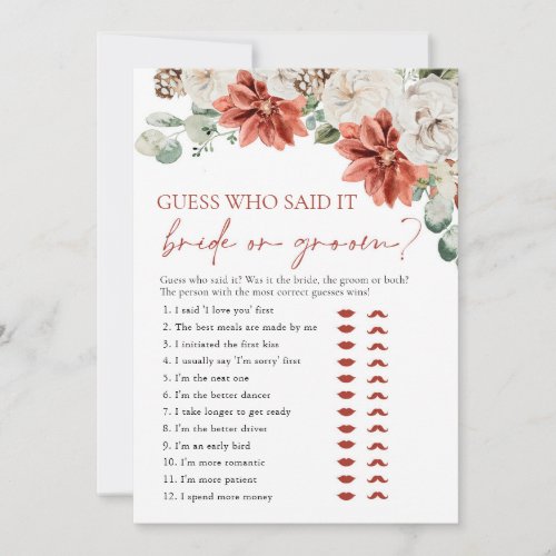Red Winter Guess Who Said it Bride or Groom Game Invitation