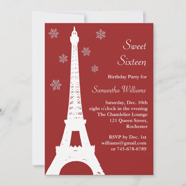 Red Winter in Paris Birthday Invite (Front)