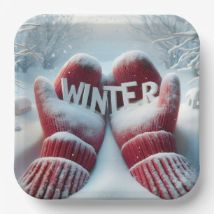 Red Winter Mittens With Snowflakes Paper Plates
