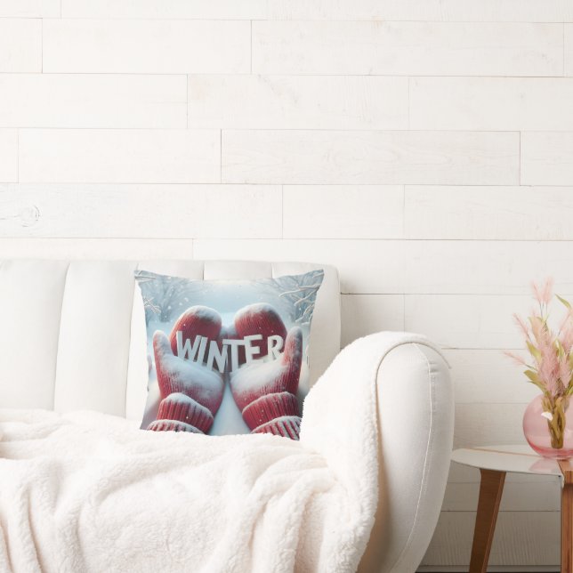 Red Winter Mittens With Snowflakes Throw Pillow (Couch)