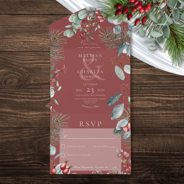 Red Winter Pine Berries Eucalyptus No Dinner All In One Invitation (Red Winter Pine Berries Eucalyptus No Dinner All In One Invitation)