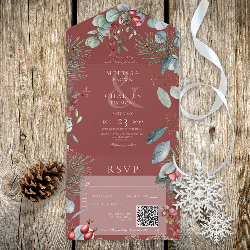 Red Winter Pine Berries Eucalyptus QR Code All In One Invitation