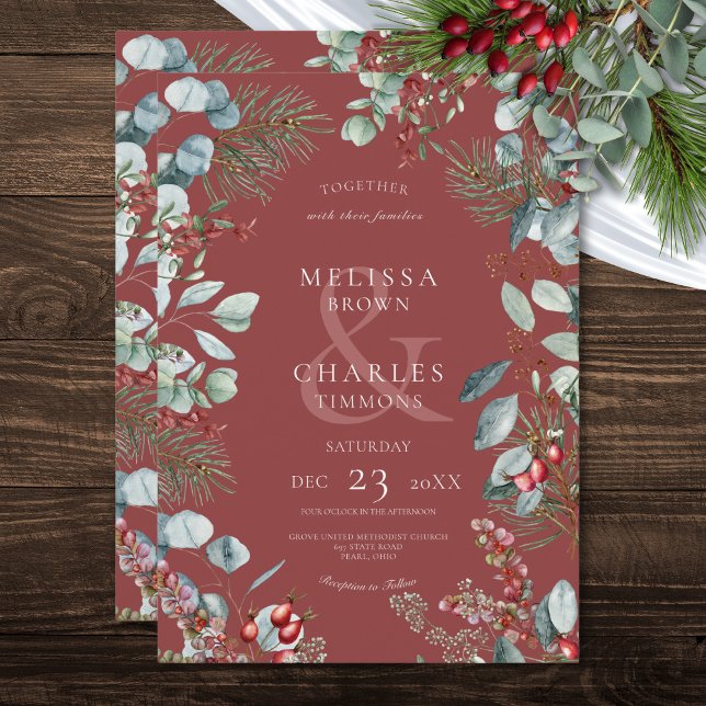 Red Winter Pine Berries Eucalyptus Wedding Invitation (Red Winter Pine Berries Eucalyptus Wedding Invitation)