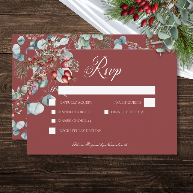 Red Winter Pine Berries Eucalyptus Wedding RSVP Card (Red Winter Pine Berries Eucalyptus Wedding RSVP Card)