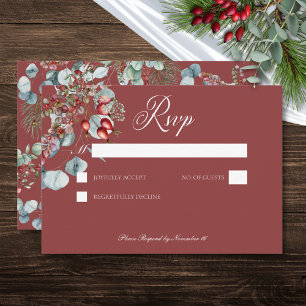 Red Winter Pine Berries Eucalyptus Wedding RSVP Card