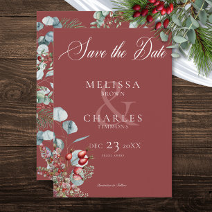Red Winter Pine Berries Eucalyptus Wedding Save The Date
