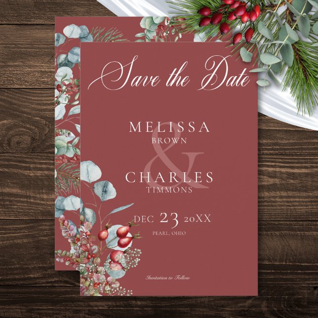 Red Winter Pine Berries Eucalyptus Wedding Save The Date (Red Winter Pine Berries Eucalyptus Wedding Save The Date)
