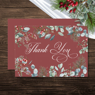 Red Winter Pine Berries Eucalyptus Wedding Thank You Card