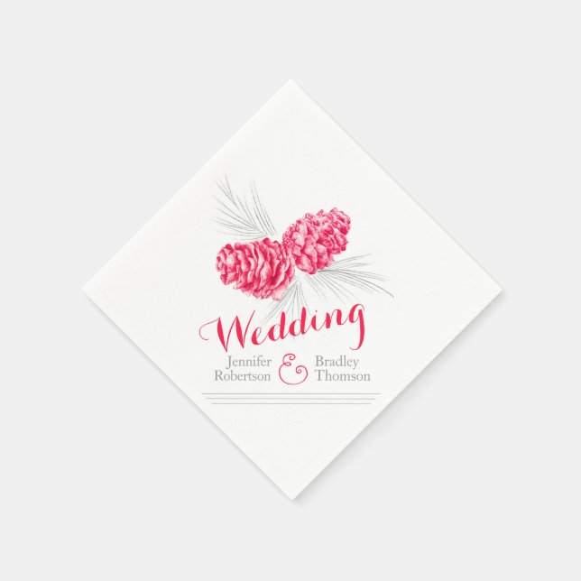 Red winter pine cone art wedding paper napkins (Corner)