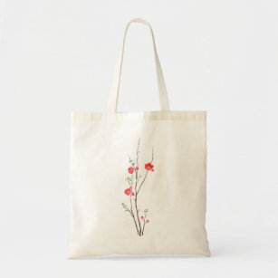 red winter plum watercolor flowers tote bag