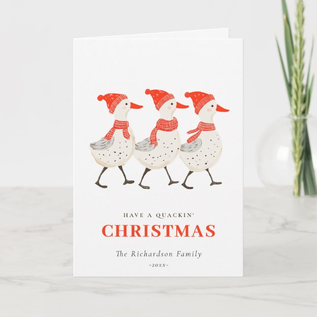 Red Winter Quacking Christmas Ducks Business Logo Holiday Card (Front)
