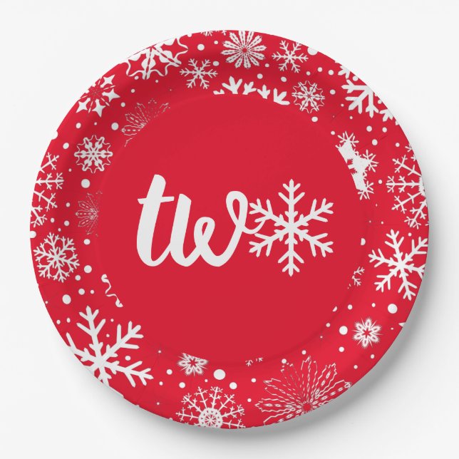 Red Winter Second Birthday Snowflake Two Plates (Front)
