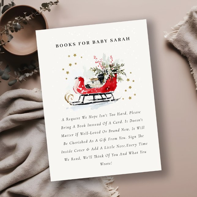 Red Winter Sleigh Books For Baby Baby Shower Enclosure Card (Creator Uploaded)