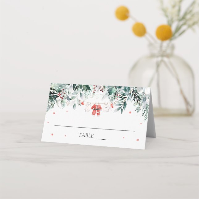 Red Winter Snow Christmas Baby Clothes Place Card (Front)