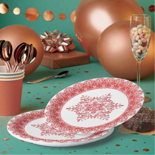 Red Winter Snowflake Lace Edge Paper Plates