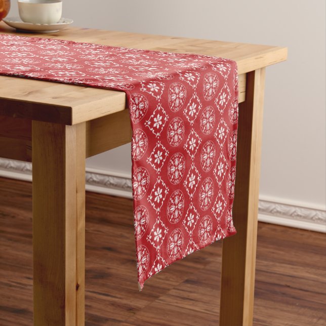 Red Winter Snowflake Pattern Christmas Short Table Runner (In Situ)