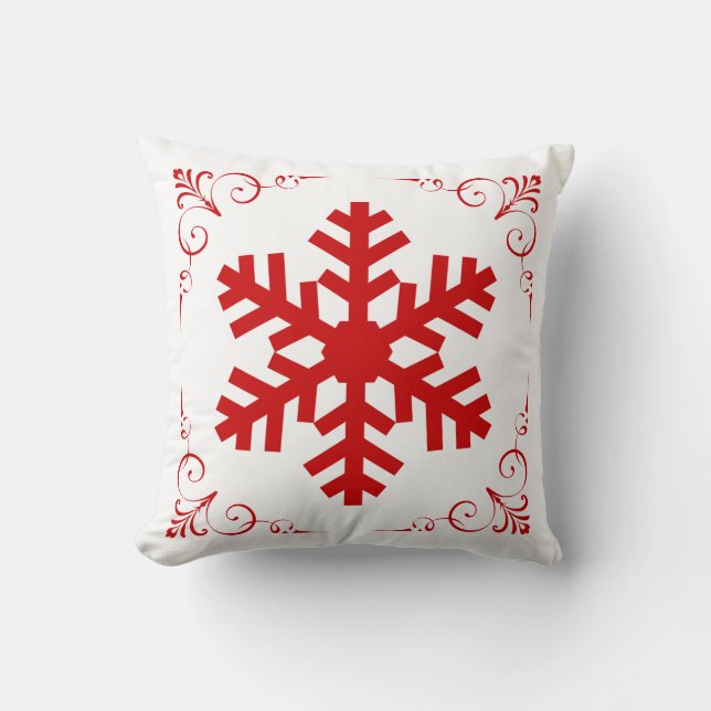 Red Winter Snowflake with Festive Scroll Christmas Throw Pillow (Front)