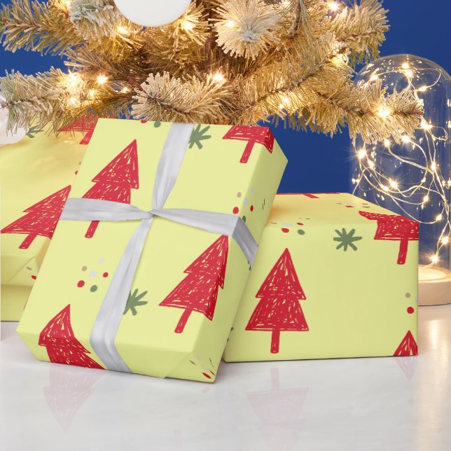 Red winter snowflake Xmas tree Seamless pattern Wrapping Paper (Holidays)