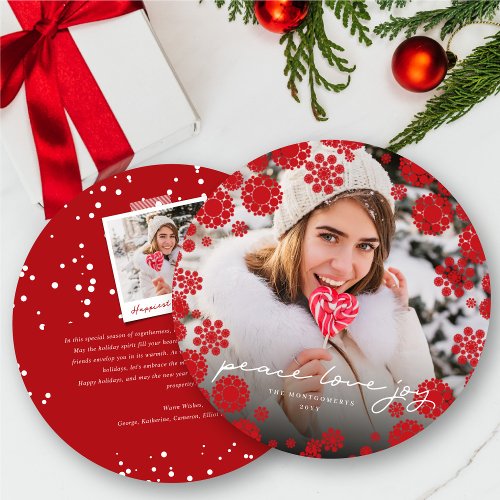 Red Winter Snowflakes Peace Love Joy Elegant Photo Holiday Card