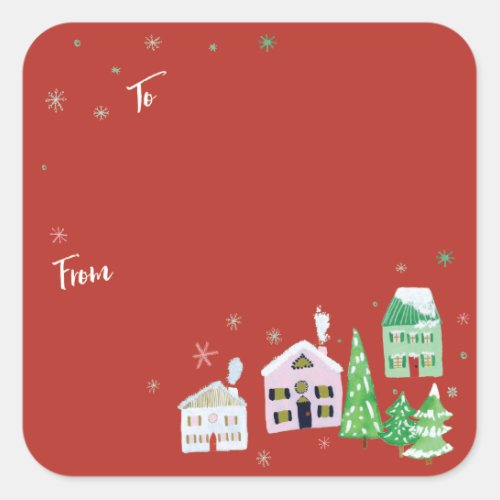 Red Winter Village To From Gift Wrap Square Sticker