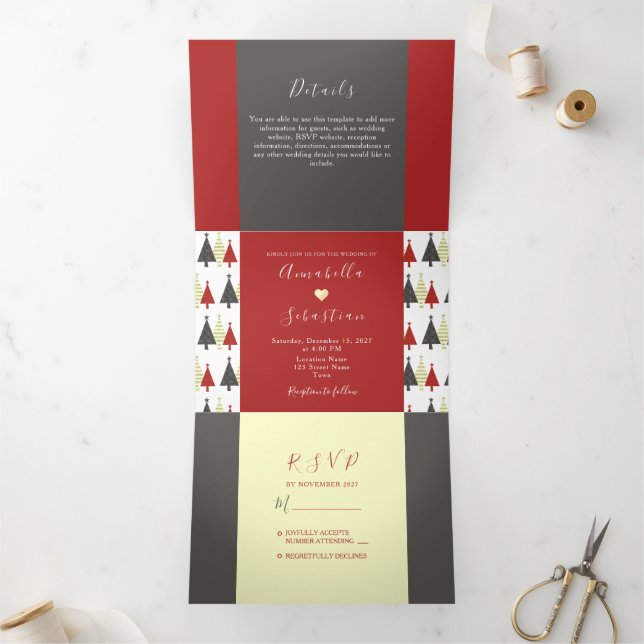 Red Winter Wedding Tri-Fold Invitation (Inside)