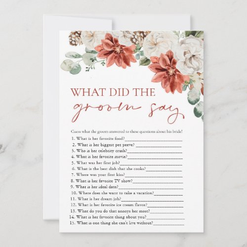 Red Winter What Did Groom Say Bridal Shower Game Invitation