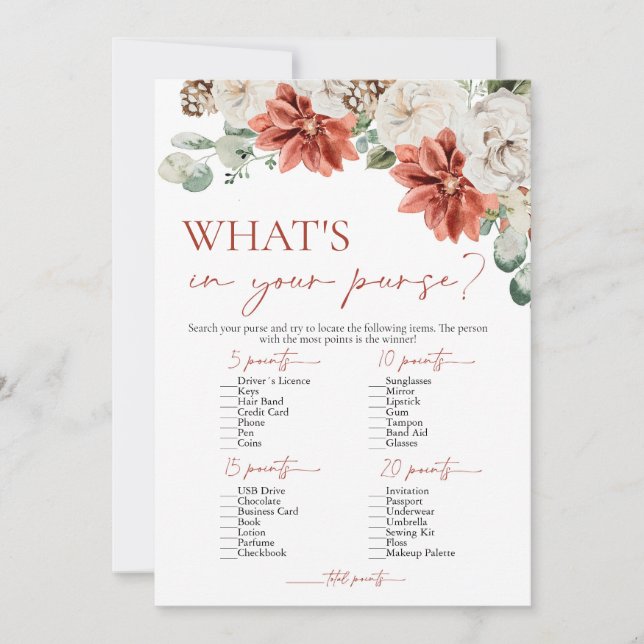 Red Winter What's In Your Purse Bridal Shower Game Invitation (Front)