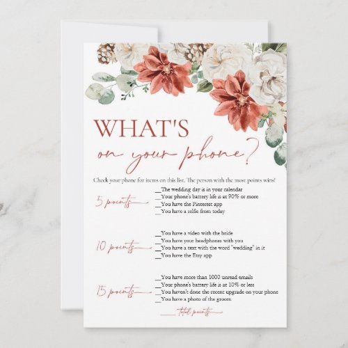 Red Winter Whats On Your Phone Bridal Shower Game Invitation