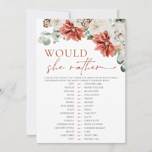Red Winter Would She Rather Bridal Shower Game Invitation (Front)