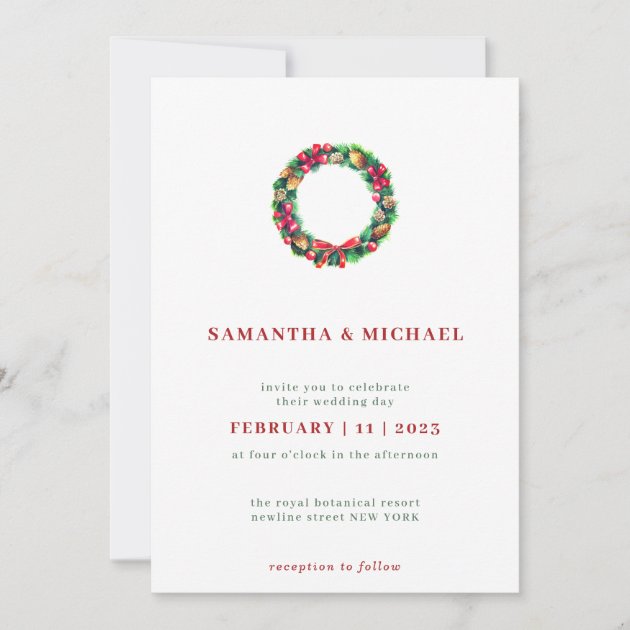 Red Winter Wreath Simple Elegant Christmas Invitation