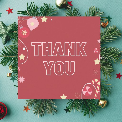 Customizable Red Winter Xmas Ornament Star &amp; Sparkles Thank You Square Business Card
