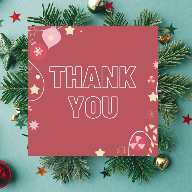 Red Winter Xmas Ornament Star & Sparkles Thank You Square Business Card (Creator Uploaded)
