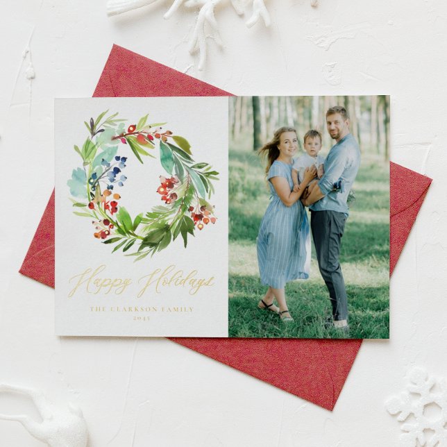 Red Winterberry and Juniper Wreath Photo Foil Holiday Card (Creator Uploaded)