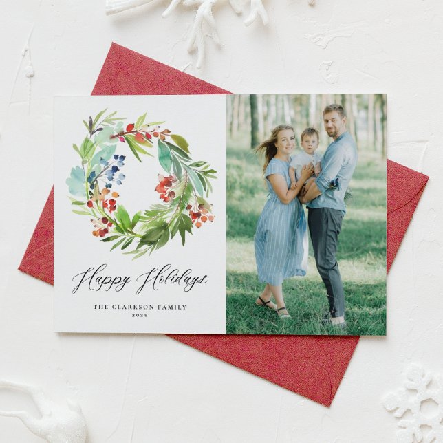 Red Winterberry and Juniper Wreath Photo Holiday Card (Creator Uploaded)