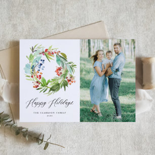 Red Winterberry and Juniper Wreath Photo Holiday Card