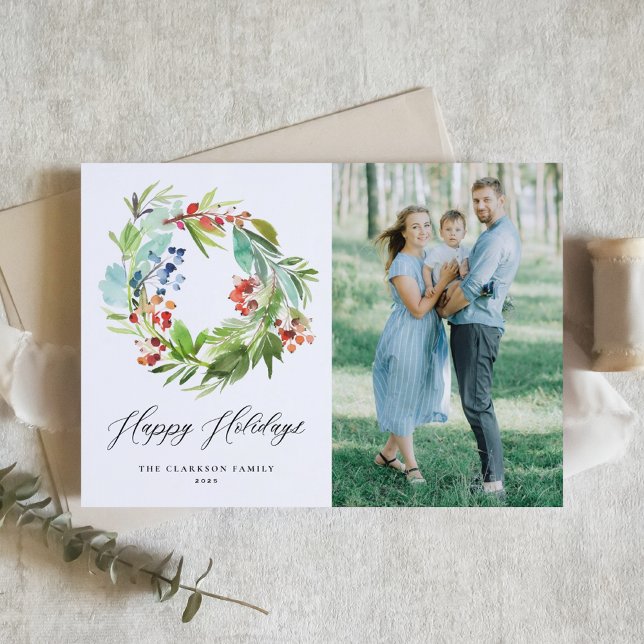 Red Winterberry and Juniper Wreath Photo Holiday Card (Creator Uploaded)