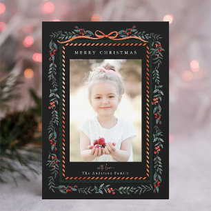 Red Winterberry Frame Black Christmas Photo Holiday Card