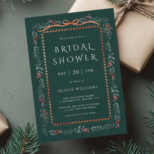 Red Winterberry Frame Bridal Shower Green Invitation (Creator Uploaded)
