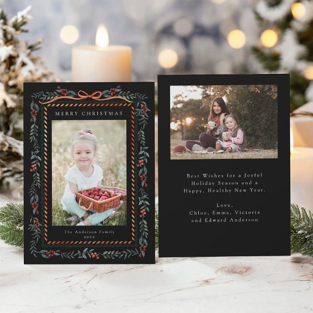 Red Winterberry Frame Christmas 2 Photo Black Holiday Card (Front & Back)