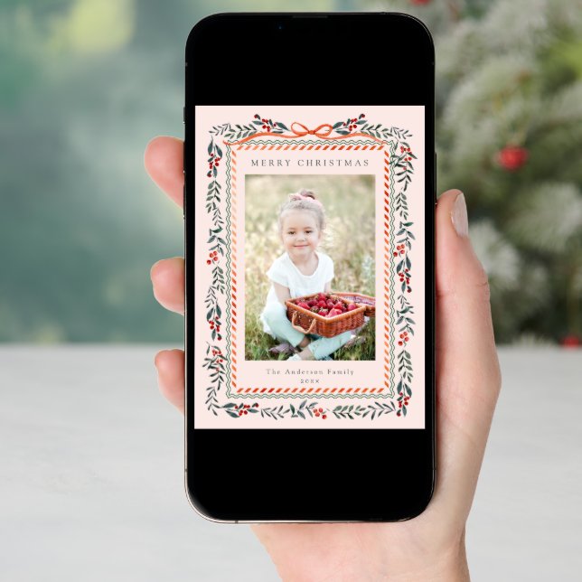 Red Winterberry Frame Christmas 2 Photo Blush Pink Holiday Card (Front Digital)