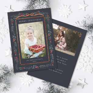 Red Winterberry Frame Christmas 2 Photo Navy Blue Holiday Card