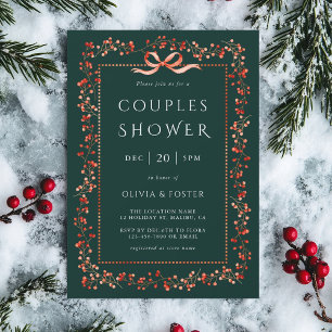 Red Winterberry Frame Couples Shower Green Invitation