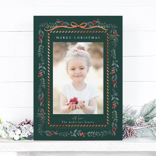 Red Winterberry Frame Green Christmas Photo Holiday Card