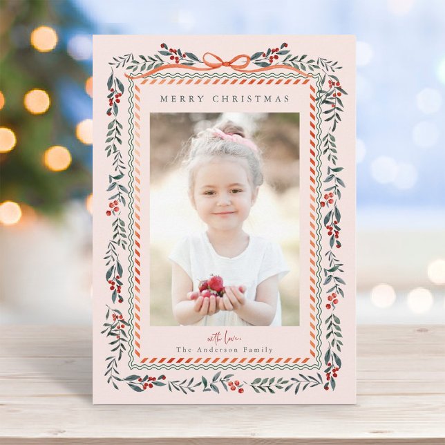 Red Winterberry Frame Pink Christmas Photo Holiday Card (Creator Uploaded)