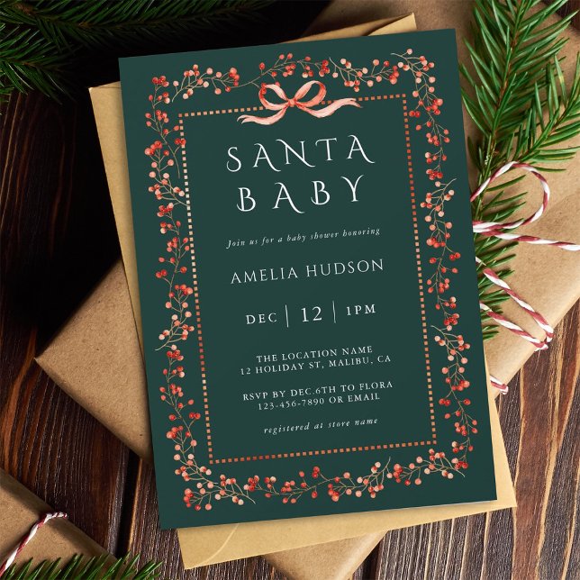 Red Winterberry Frame Santa Baby Shower Green Invitation (Creator Uploaded)