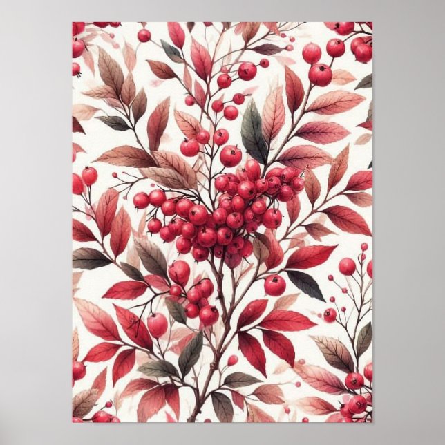 Red Winterberry Fruit Pattern Watercolor Poster (Front)