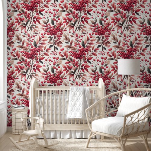 Red Winterberry Fruit Pattern Watercolor Wallpaper