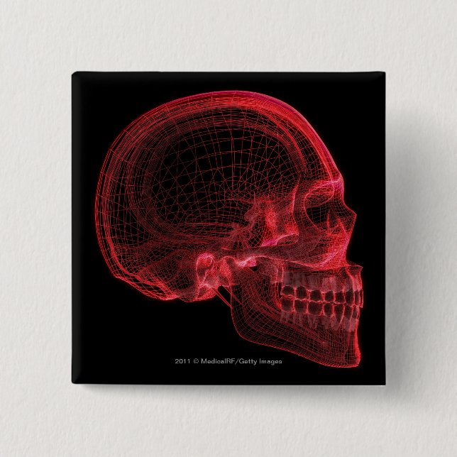 Red wireframe of a skull pinback button (Front)
