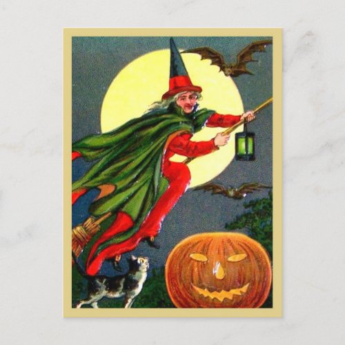 Red Witch Flying on Broomstick _ Vintage Halloween Postcard